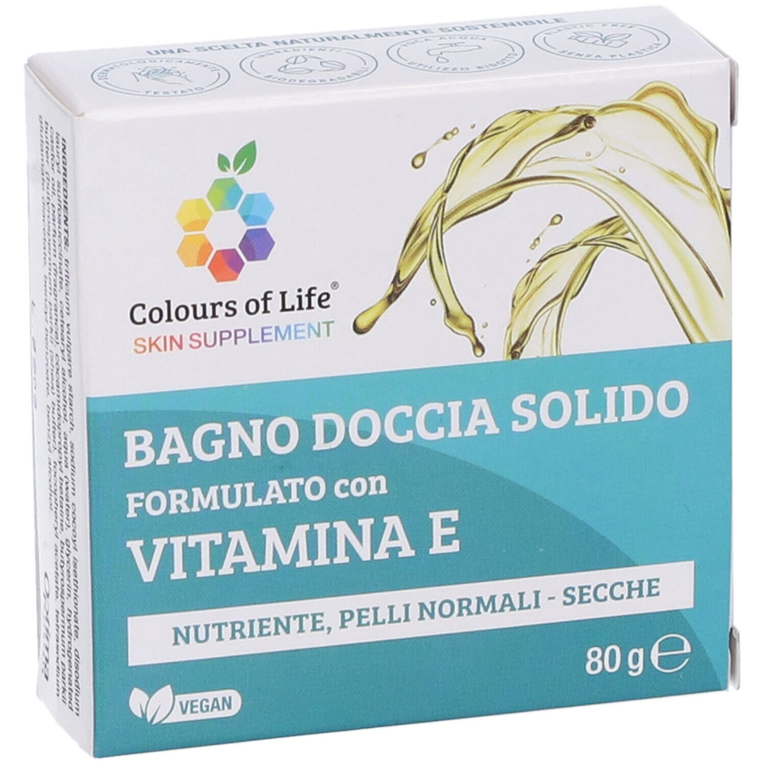 Verpackung mit Produktnamen und Logo. Enthält festes Duschgel mit Vitamin E. Enthält 80g.