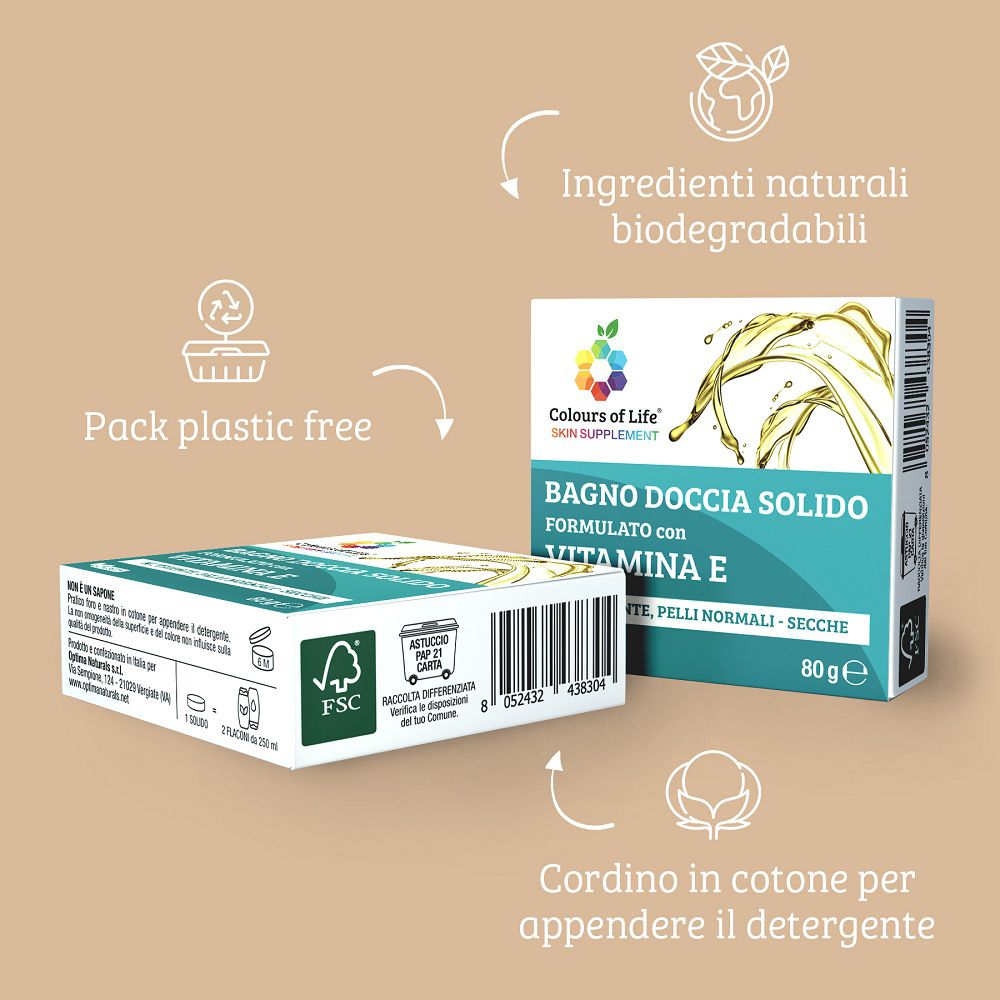 Verpackung und feste Duschbrause mit Vitamin E. Plastikfreie und biologisch abbaubare Verpackung.