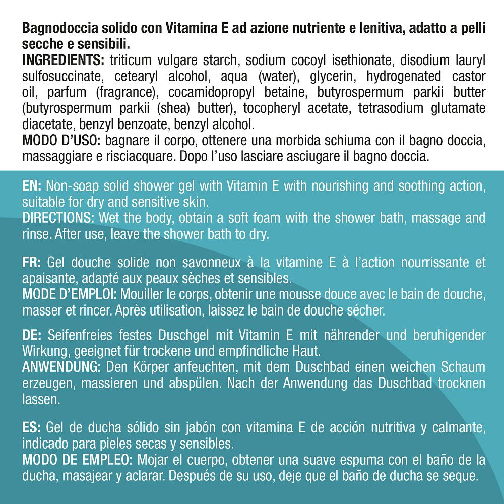Verpackung der festen Duschbrause mit Vitamin E. Mit Nachhaltigkeitssymbolen.