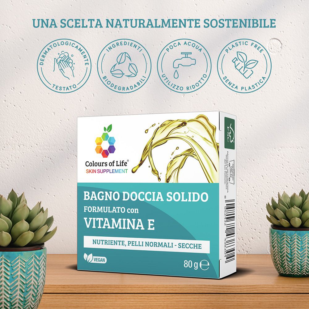Verpackung der festen Duschbrause mit Vitamin E. Mit FSC-Siegel und Recycling-Informationen.