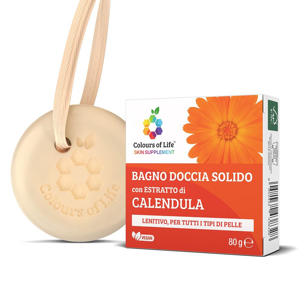 Festes Duschbad mit Calendula-Extrakt und passender Verpackung.