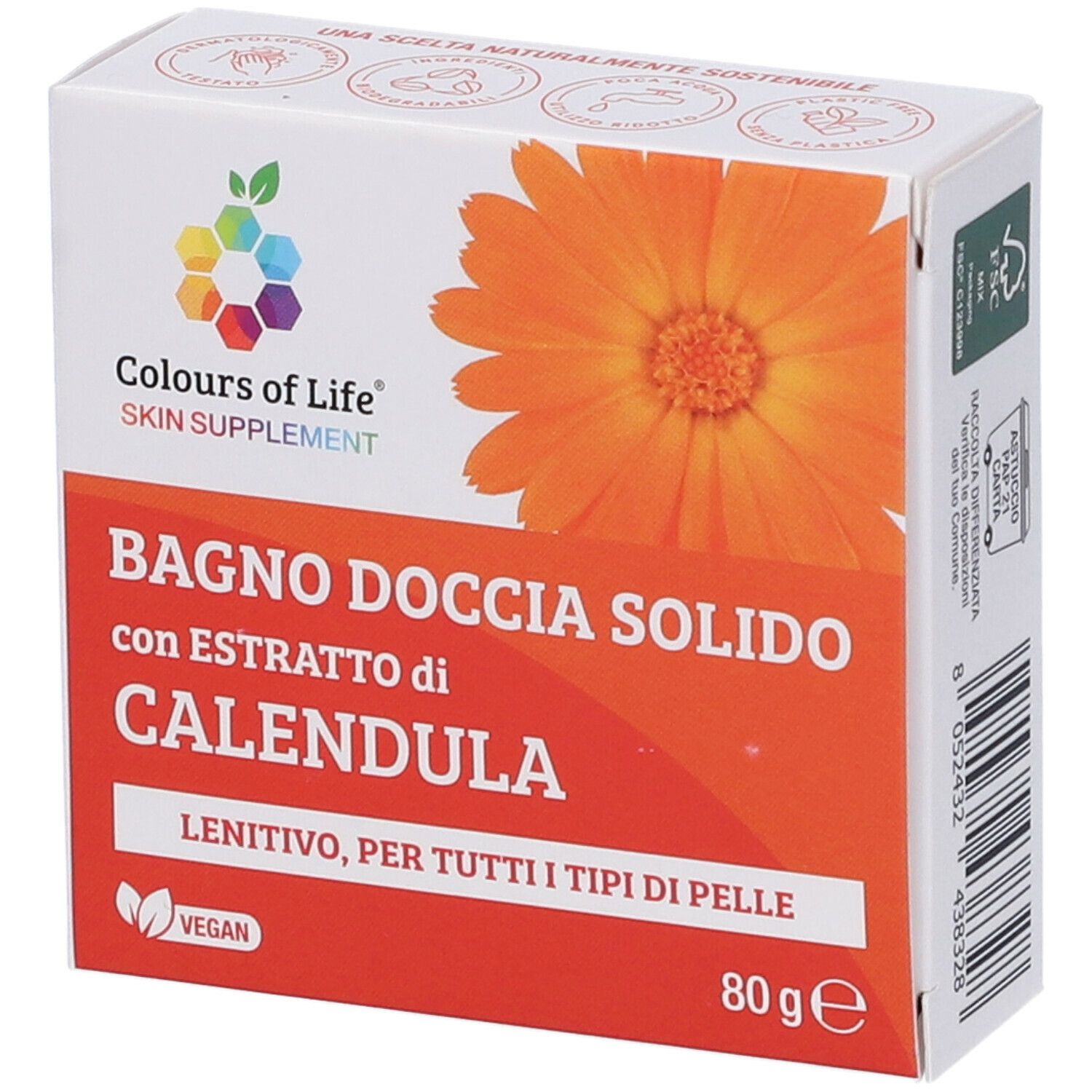 Scatola prodotto. Scritto: Colours of Life Skin Supplement, bagnodoccia solido con estratto di Calendula, 80g. Vegan.