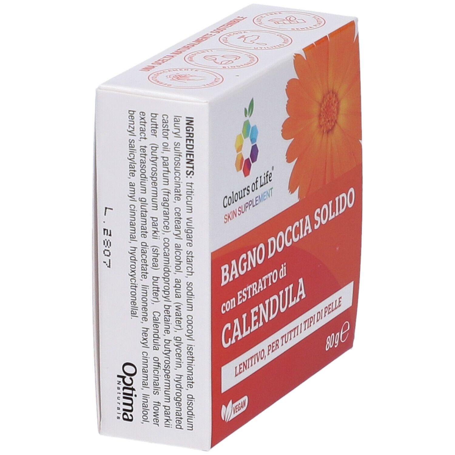 Scatola, angolata. Scritto: Colours of Life Skin Supplement, bagnodoccia solido con estratto di Calendula. Ingredienti. Vegan.