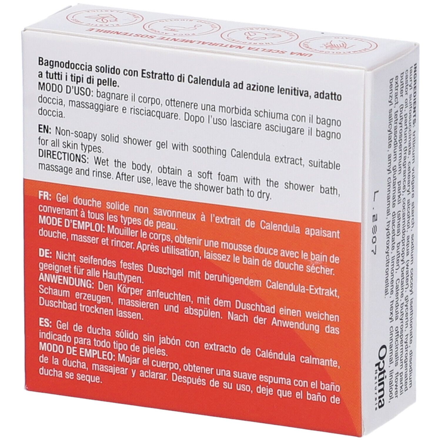 Scatola, angolata. Retro con istruzioni multilingue: tedesco, inglese, francese, spagnolo.
