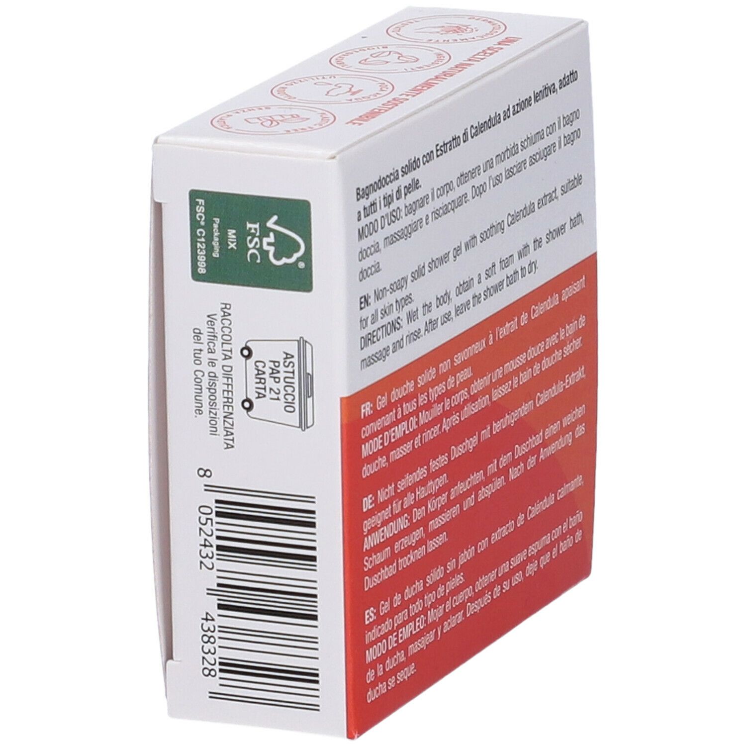 Scatola, angolata. Certificazione FSC, simbolo riciclo. Retro con istruzioni multilingue.