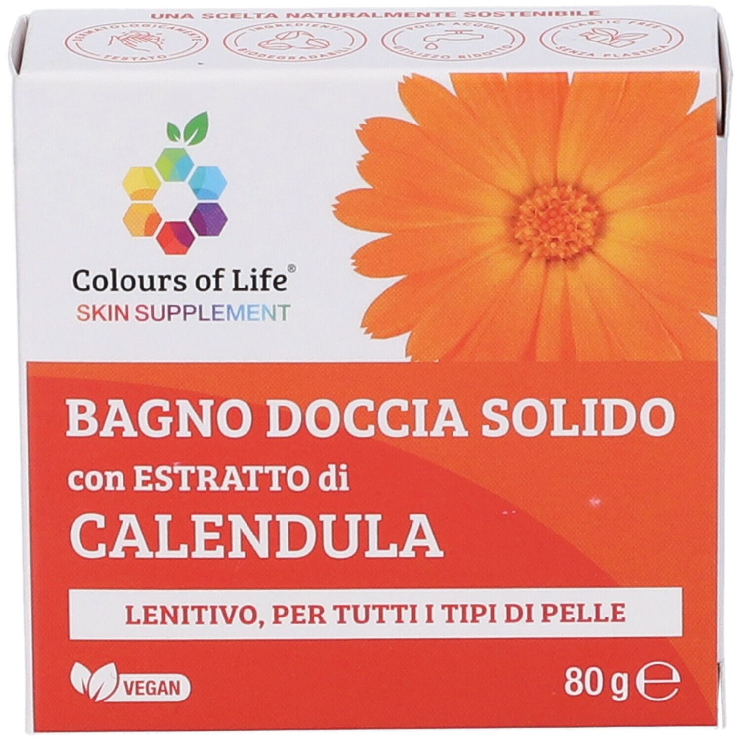 Scatola prodotto. Scritto: Colours of Life Skin Supplement, bagnodoccia solido con estratto di Calendula, 80g. Vegan.