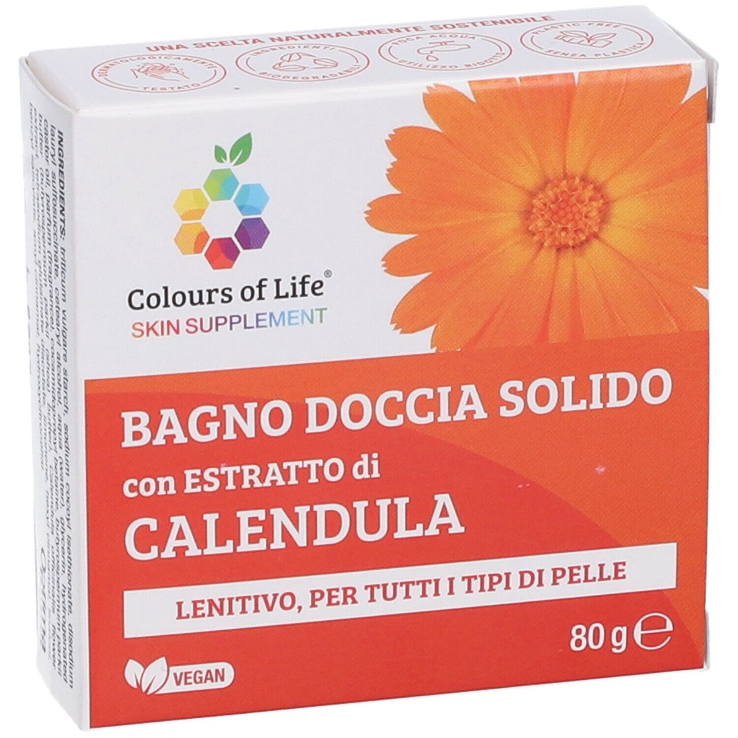 Scatola prodotto. Scritto: Colours of Life Skin Supplement, bagnodoccia solido con estratto di Calendula, 80g. Vegan.