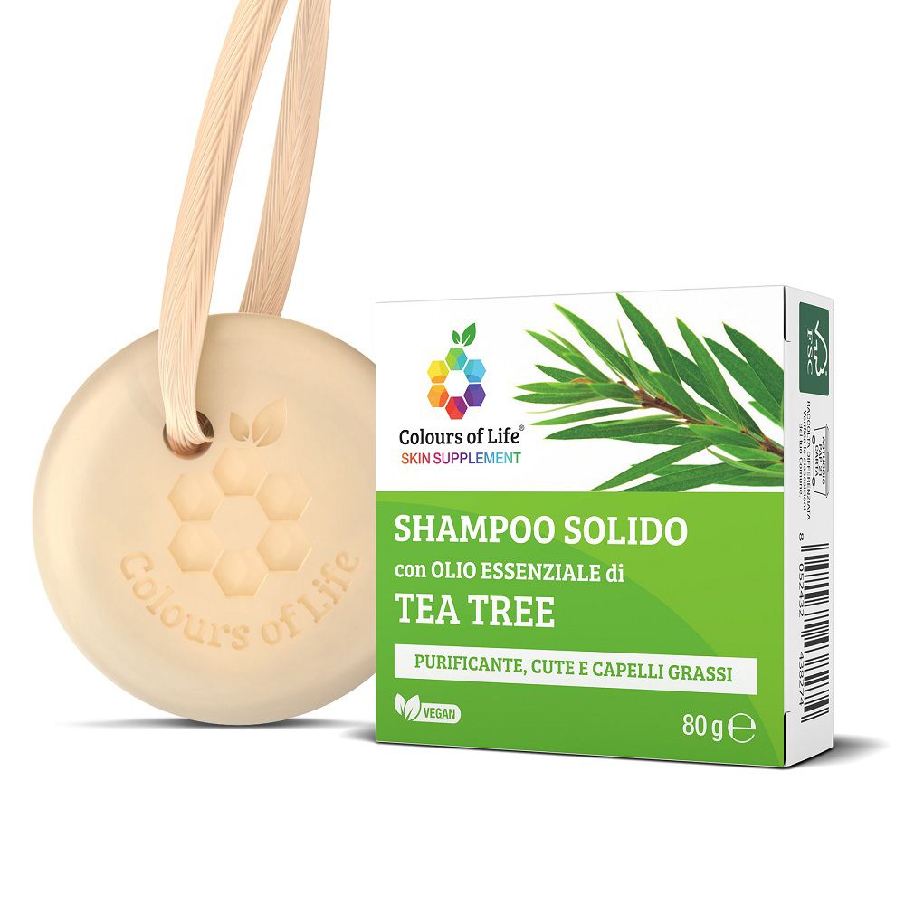 Feste Shampoo-Verpackung und rundes festes Shampoo mit Teebaumöl-Aufdruck und Aufhängeschlaufe.