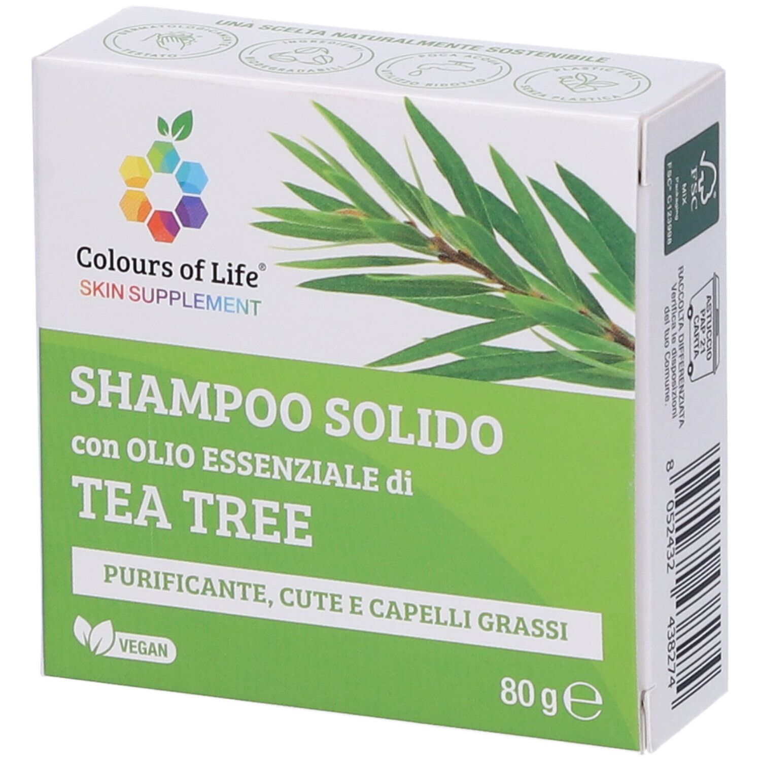 Weißer Karton mit Produktnamen und Logo. Enthält grünen Text und ein Teebaum-Bild. Vegan-Siegel.