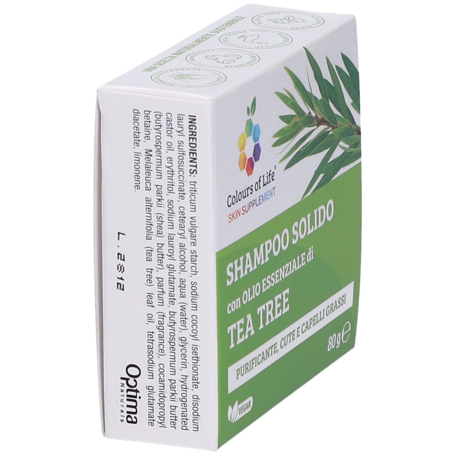 Schräg gestellte weiße Schachtel mit Produktnamen und Logo. Enthält grünen Text und ein Teebaum-Bild. Vegan-Siegel.