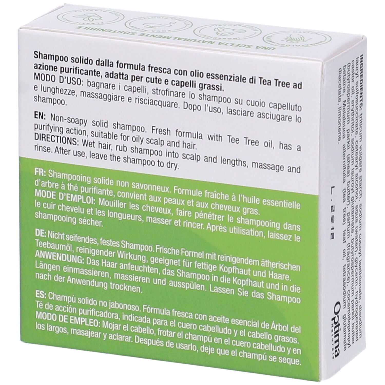 Schachtel mit Produktinformationen in mehreren Sprachen. Enthält grünen Text und ein Teebaum-Bild. Vegan-Siegel.