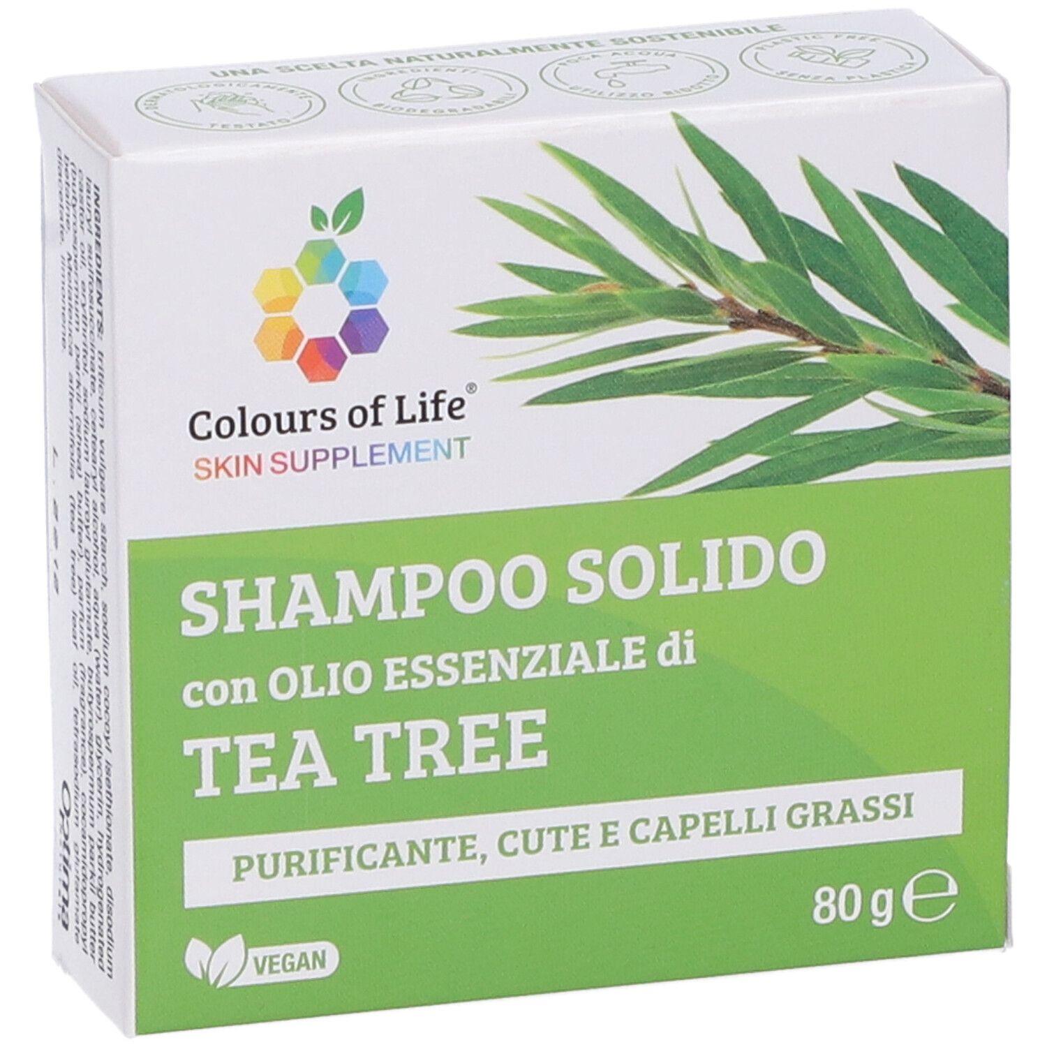Weißer Karton mit Produktnamen und Logo. Enthält grünen Text und ein Teebaum-Bild. Vegan-Siegel und 80g.