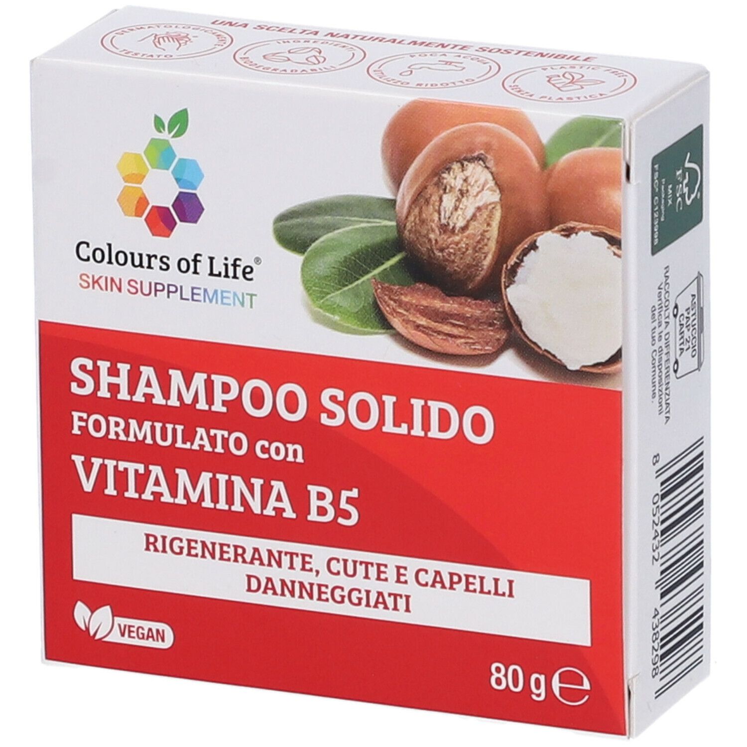 Confezione in cartone con nome e logo del prodotto. Contiene Shampoo Solido con Vitamina B5. Sigillo vegano e 80g.