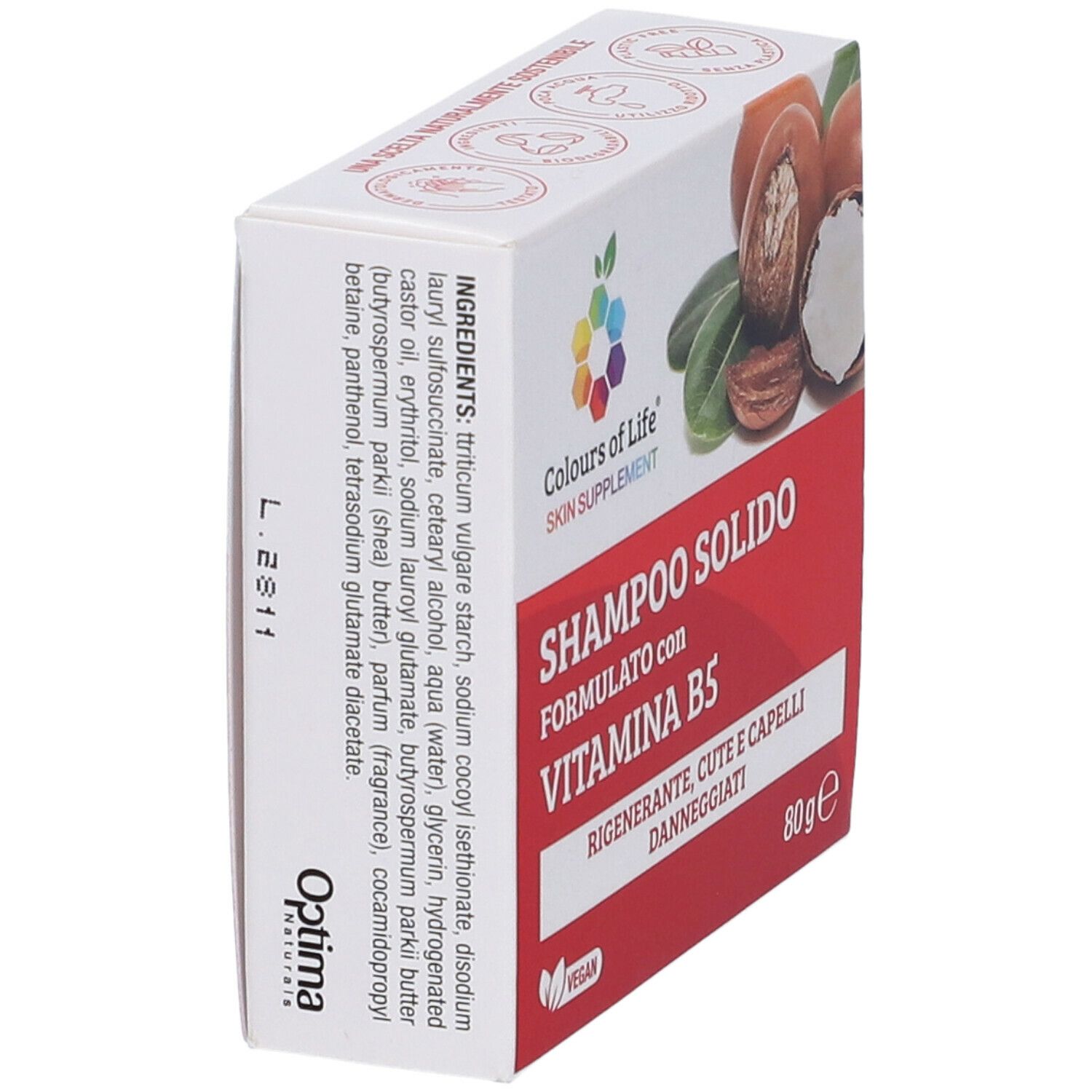 Vista laterale della confezione in cartone. Contiene ingredienti e nome del prodotto. Logo Colours of Life Skin Supplement.