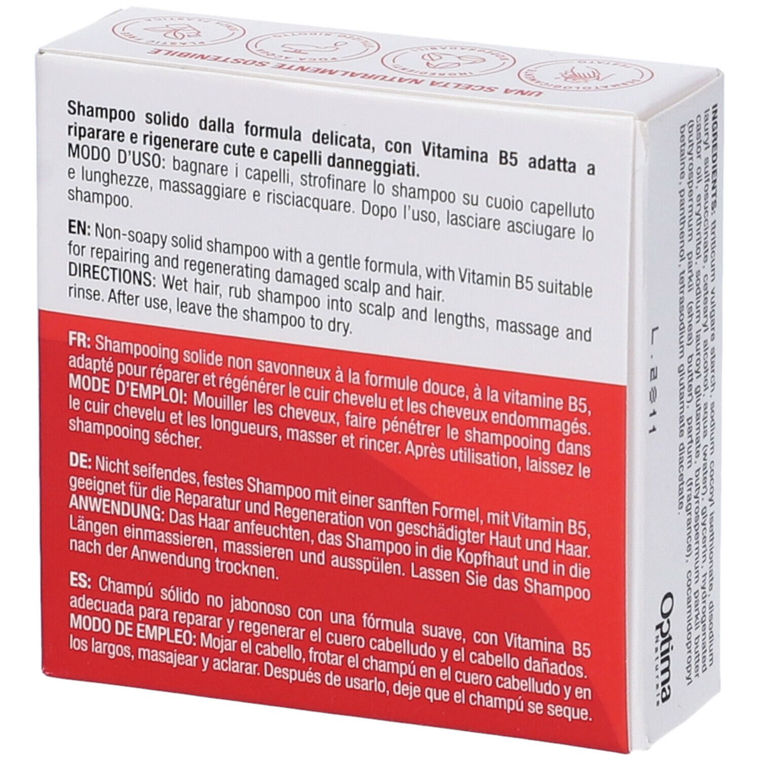 Retro della confezione in cartone con istruzioni in più lingue. Contiene Shampoo Solido con Vitamina B5.