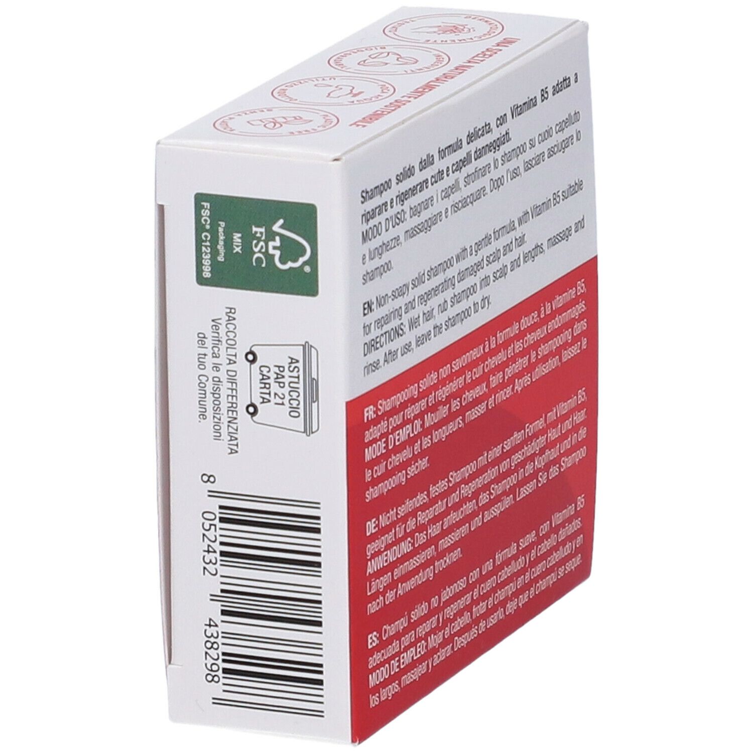 Confezione in cartone con etichetta FSC e informazioni sul riciclaggio. Contiene Shampoo Solido con Vitamina B5.