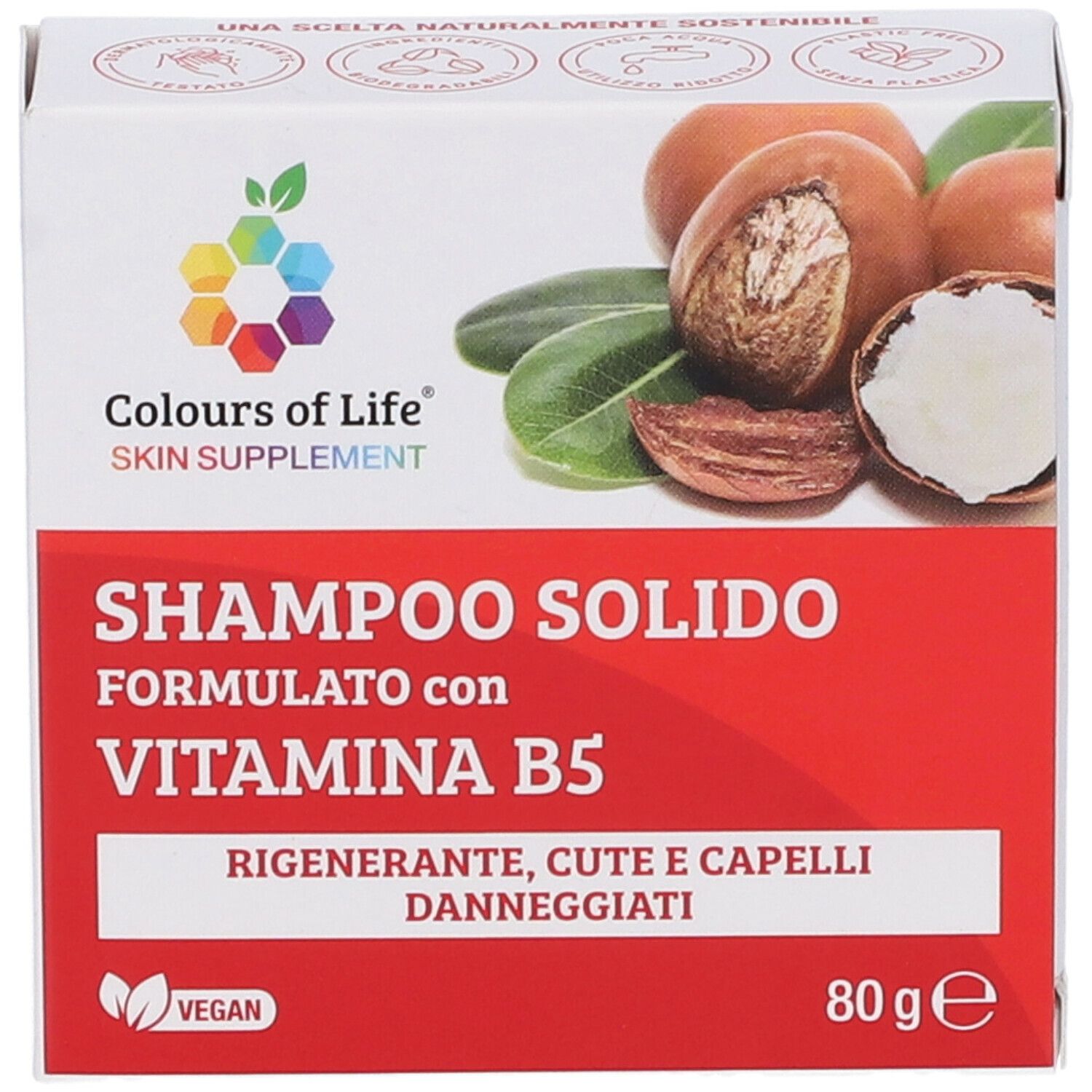 Confezione in cartone con nome e logo del prodotto. Contiene Shampoo Solido con Vitamina B5. Sigillo vegano e 80g.