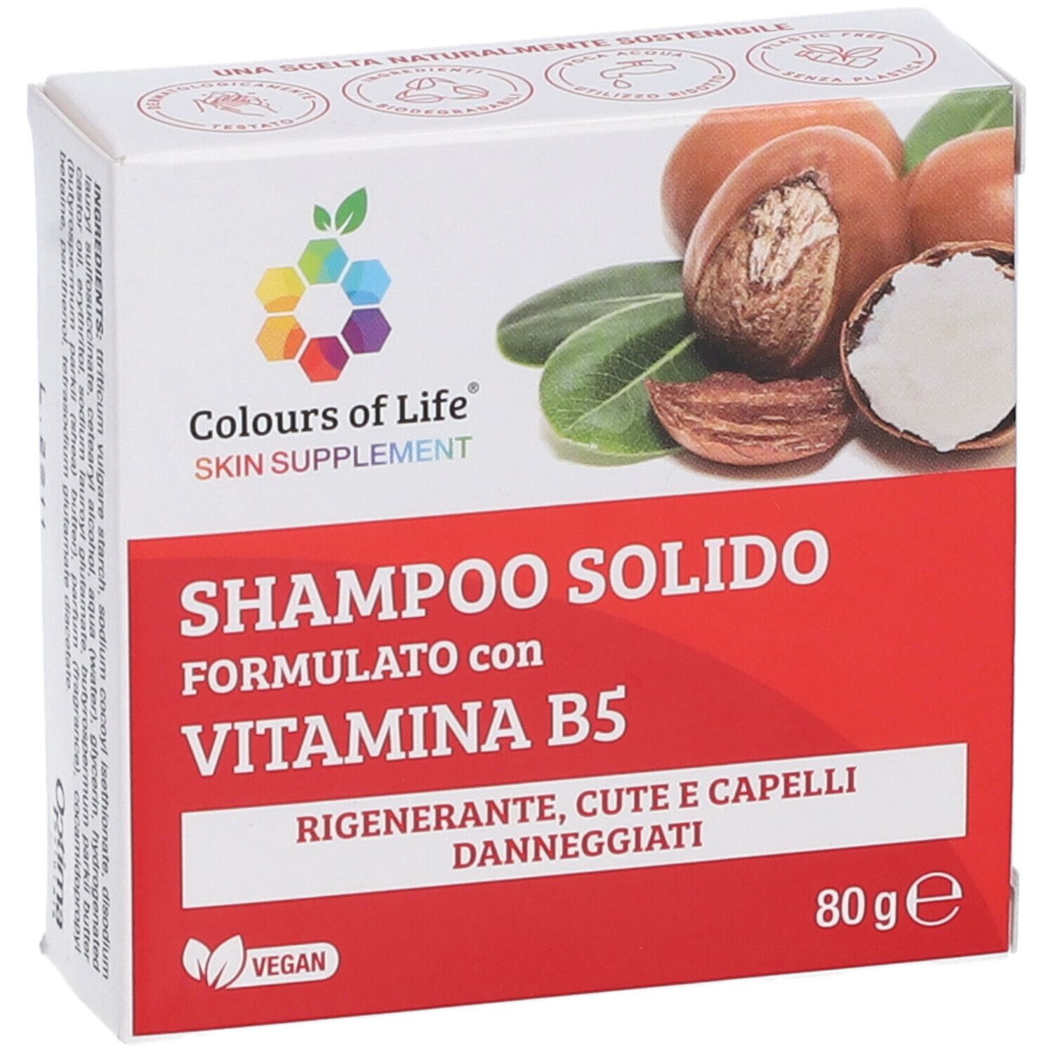 Confezione in cartone con nome e logo del prodotto. Contiene Shampoo Solido con Vitamina B5. Sigillo vegano e 80g.