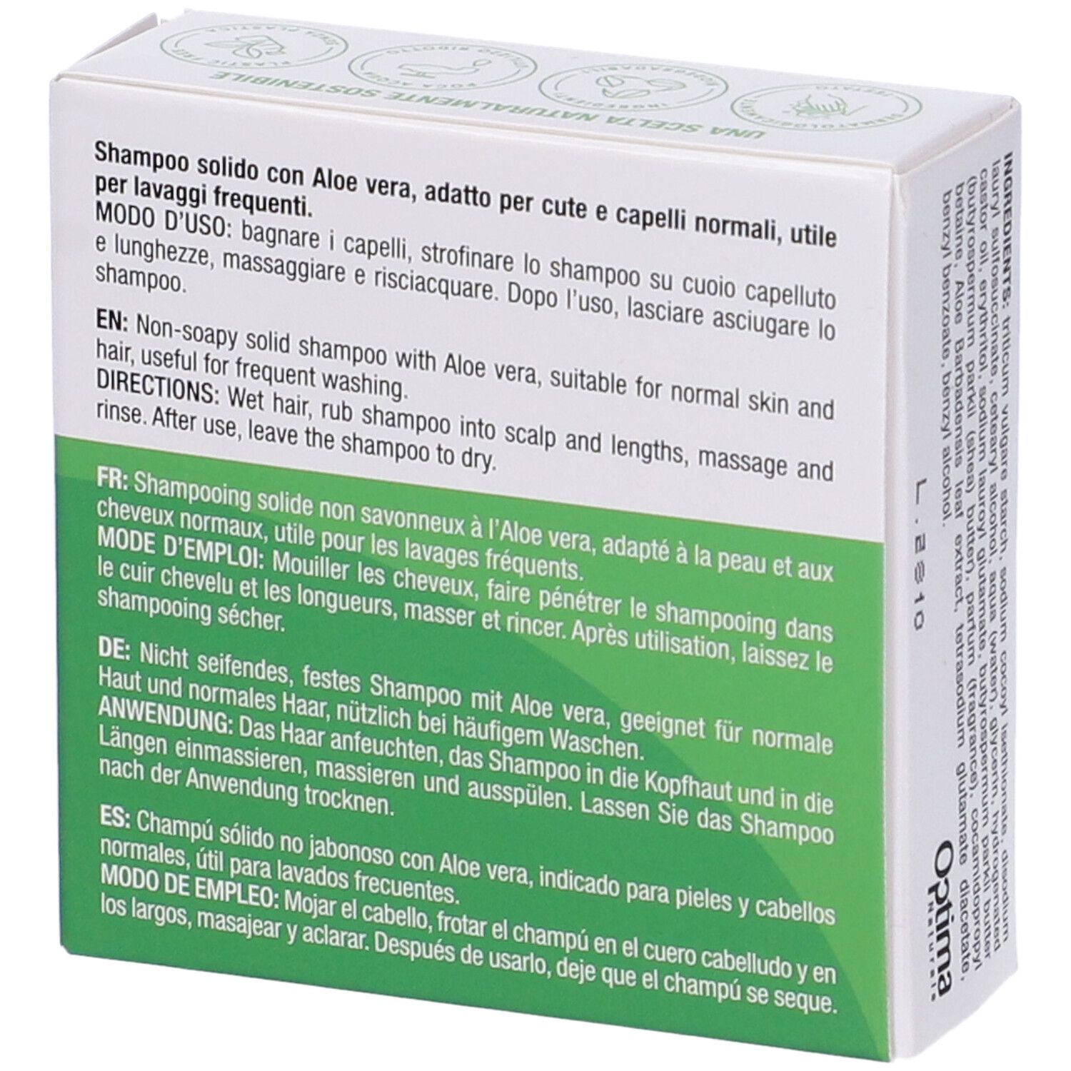 Rückseite der Verpackung mit Anweisungen in mehreren Sprachen. Optima Naturals Logo.