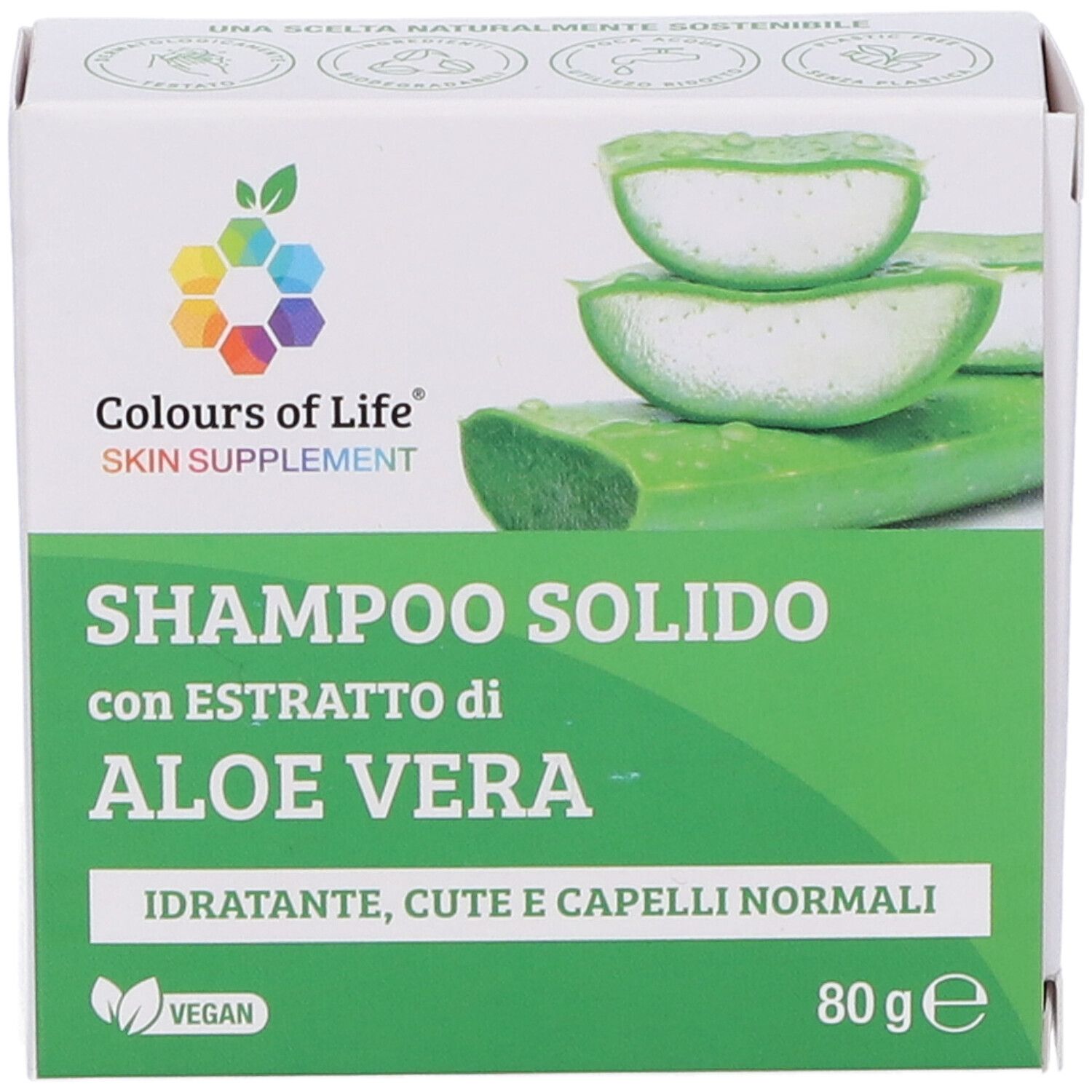 Weißer Karton mit Produktnamen und Aloe Vera-Abbildung. Enthält 80g. Vegan-Siegel.
