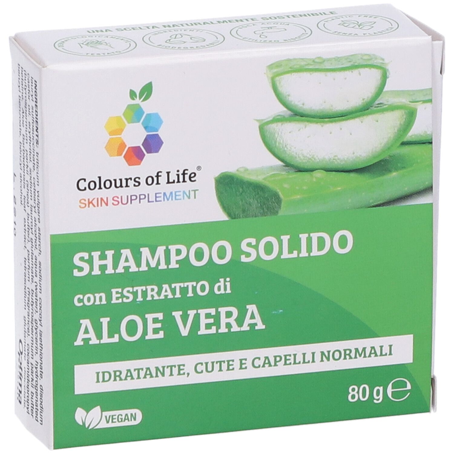 Weißer Karton mit Produktnamen und Aloe Vera-Abbildung. Enthält 80g. Vegan-Siegel.