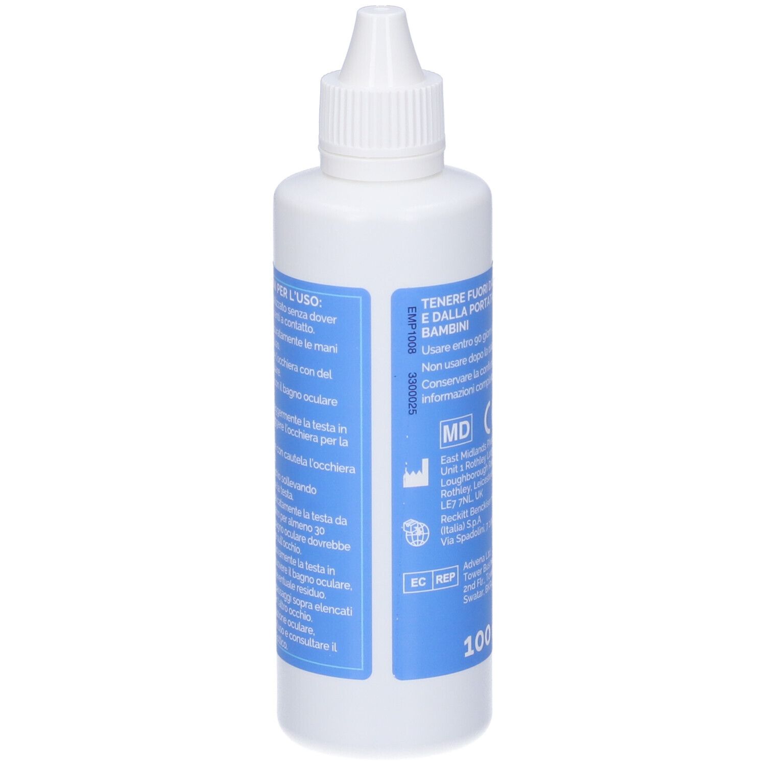 Weiße Flasche mit blauem Etikett. Aufschrift: Optrex, Multi Azione Bagno Oculare. Gebrauchsanweisung. Mit Tropfverschluss.
