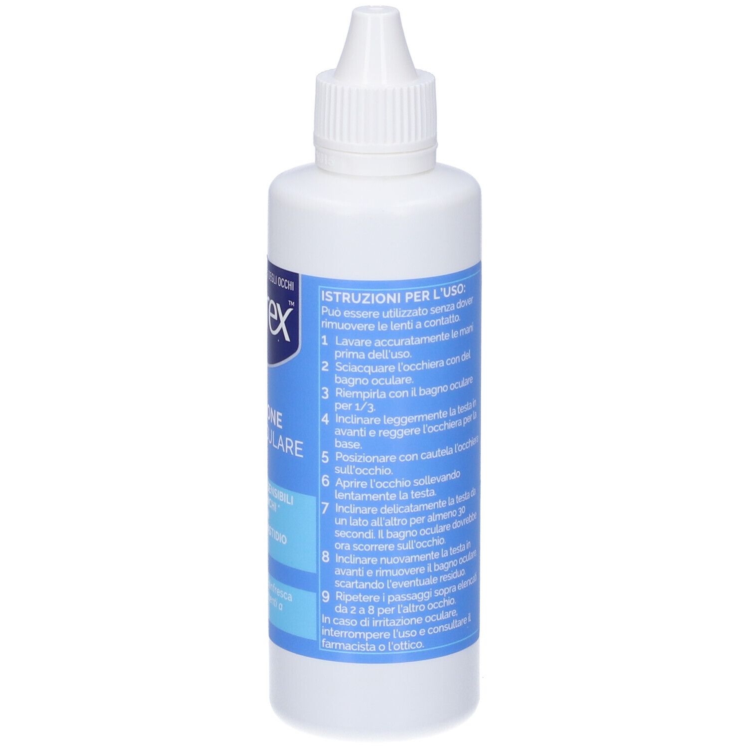 Weiße Flasche mit blauem Etikett. Aufschrift: Optrex, Multi Azione Bagno Oculare. Gebrauchsanweisung. Mit Tropfverschluss.
