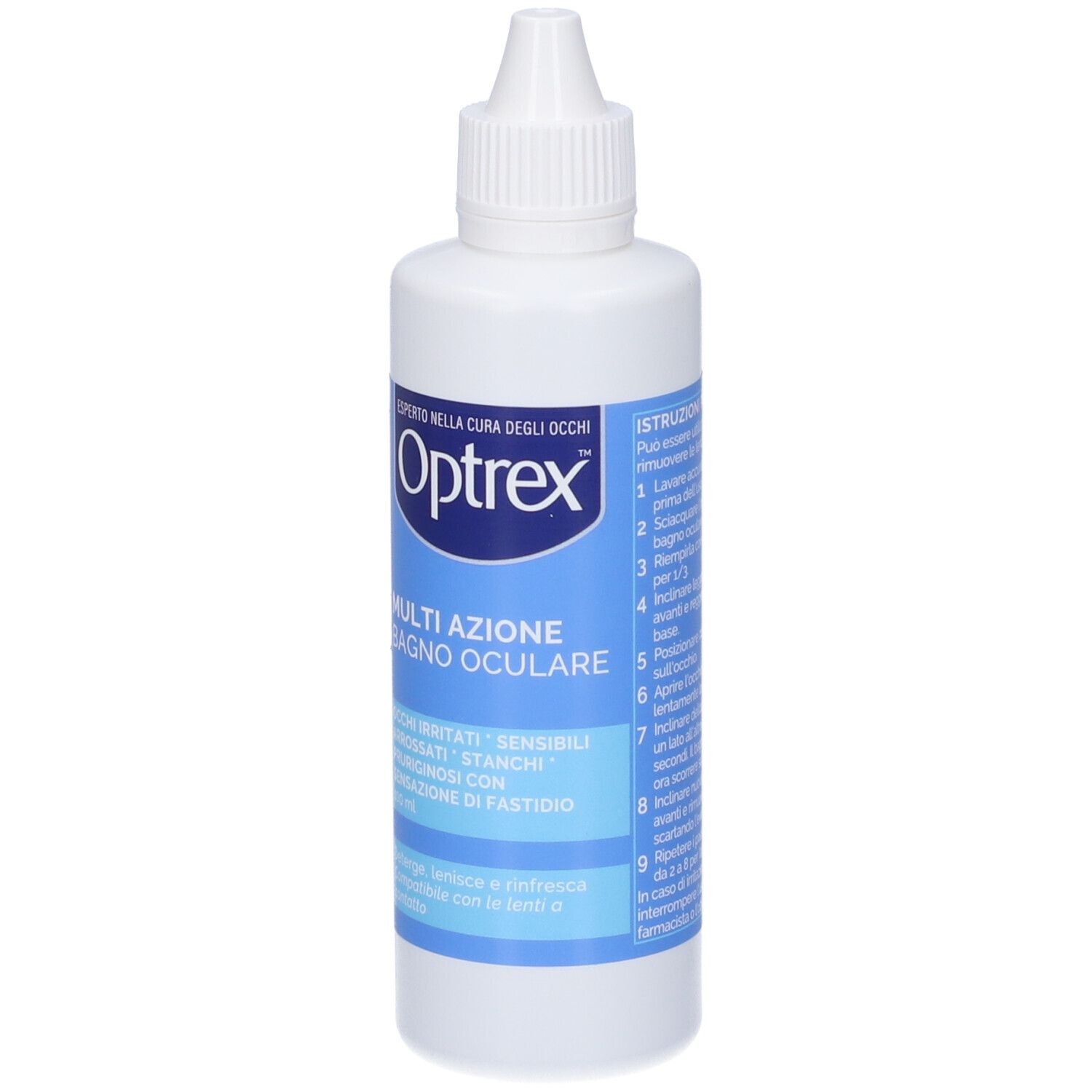 Weiße Flasche mit blauem Etikett. Aufschrift: Optrex, Multi Azione Bagno Oculare. Für gereizte Augen. Mit Tropfverschluss.