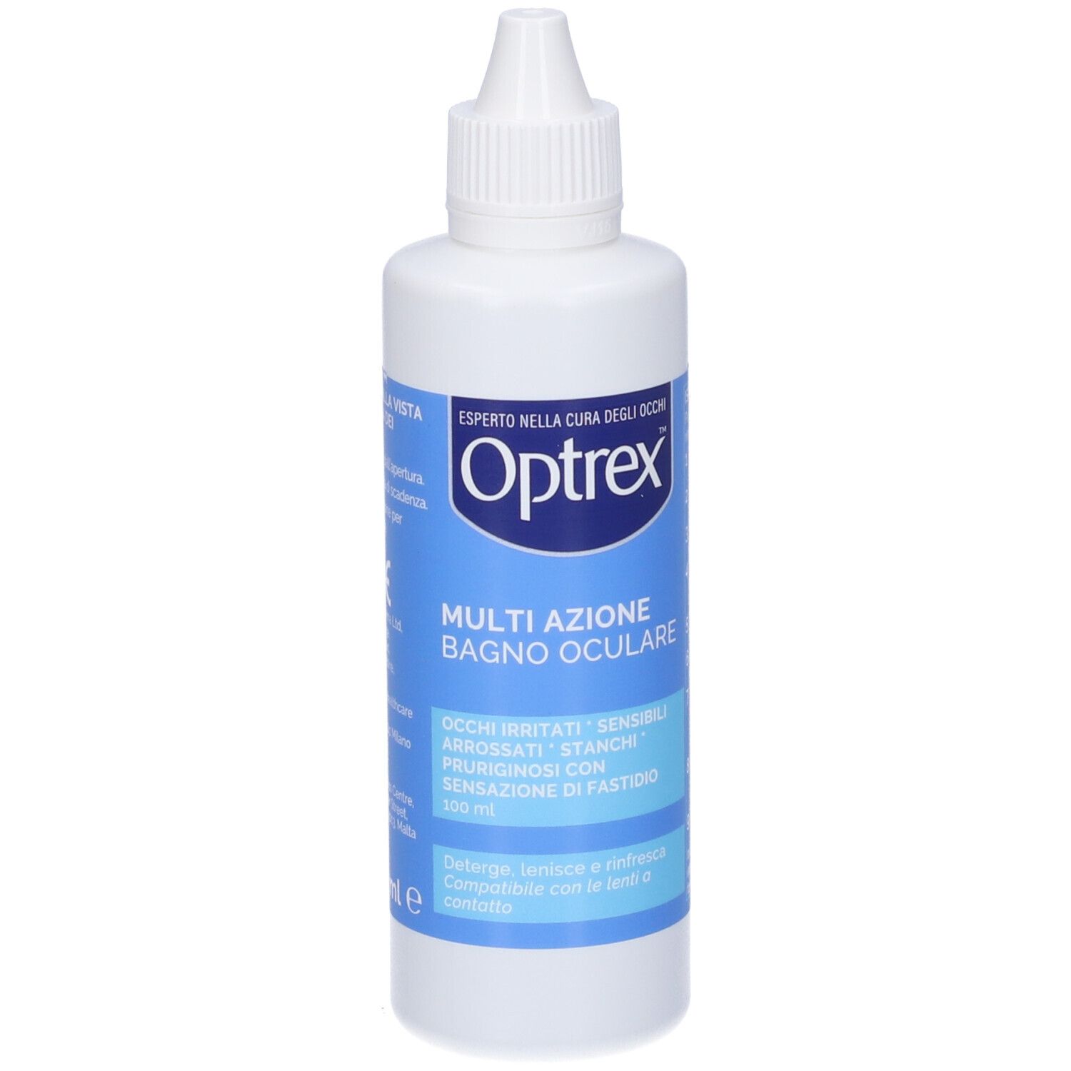 Weiße Flasche mit blauem Etikett. Aufschrift: Optrex, Multi Azione Bagno Oculare. Für gereizte Augen. Mit Tropfverschluss.