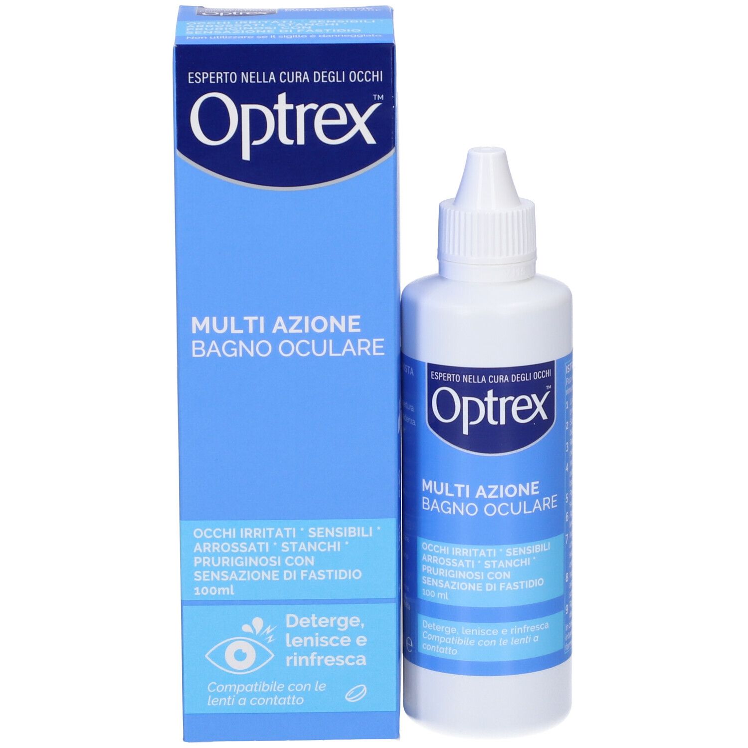 Produktverpackung: Flasche und Schachtel. Aufschrift: Optrex, Multi Azione Bagno Oculare. Für gereizte Augen. Mit Tropfverschluss.