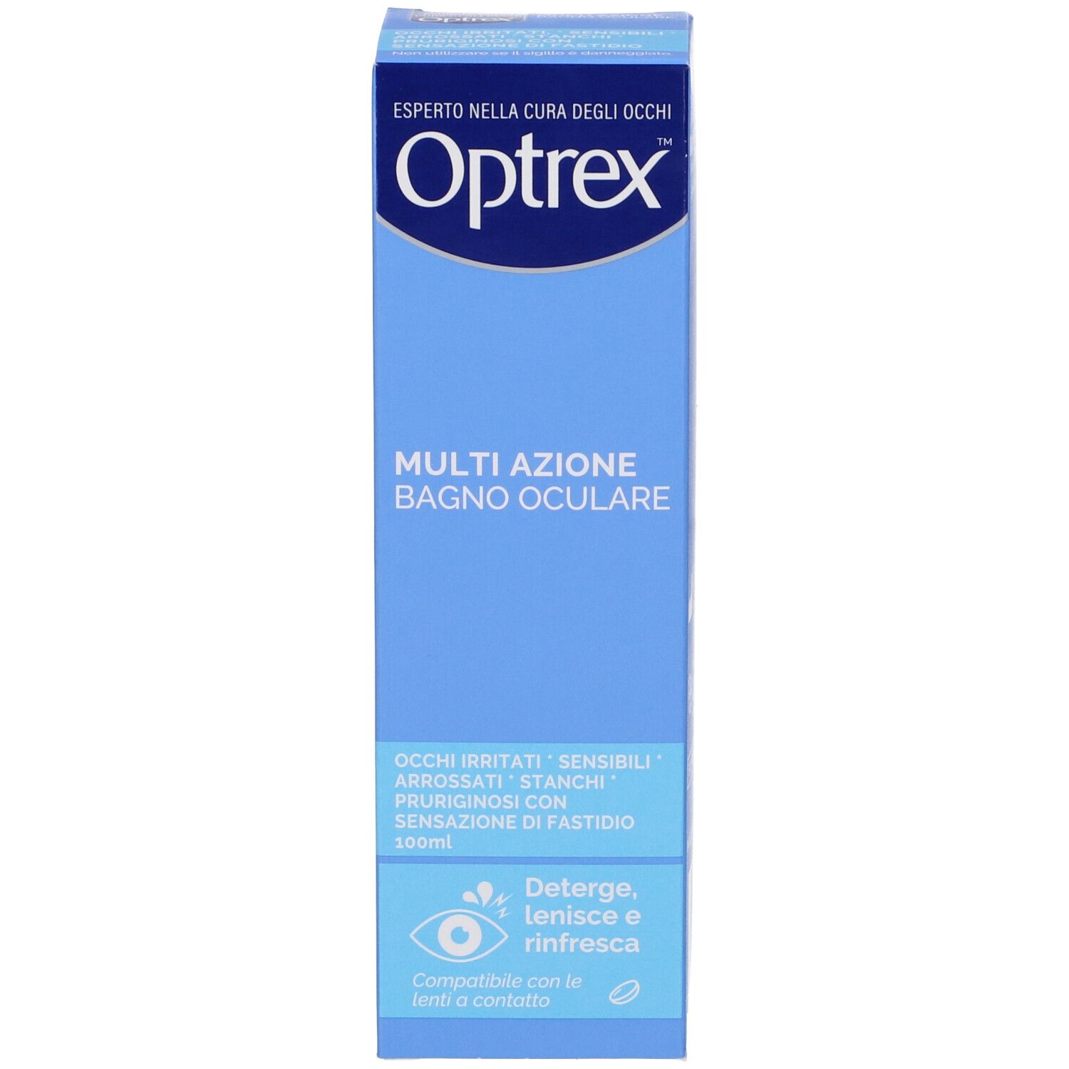 Produktverpackung: Schachtel. Aufschrift: Optrex, Multi Azione Bagno Oculare. Für gereizte Augen. Mit Tropfverschluss.