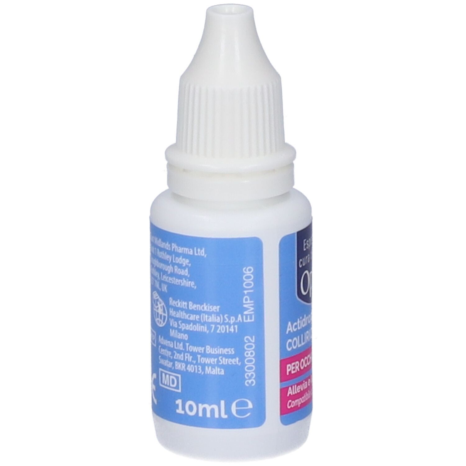 Weißes Fläschchen mit blauem Etikett. Text: Optrex Actidrops Collirio Reidratante. Für trockene Augen. 10ml. Herstellerinformationen.