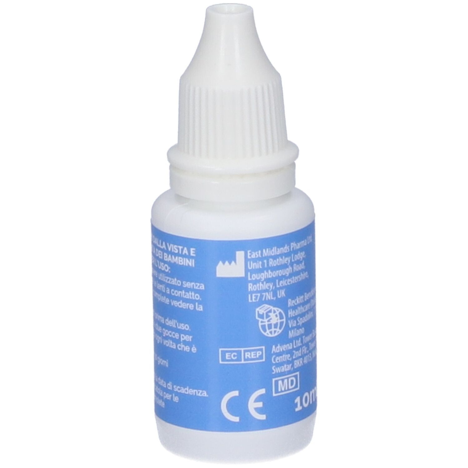 Weißes Fläschchen mit blauem Etikett. Text: CE-Kennzeichnung. Herstellerinformationen. 10ml. Text in italienischer Sprache.
