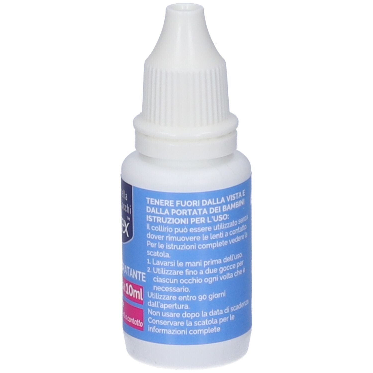 Weißes Fläschchen mit blauem Etikett. Text: Gebrauchsanweisung. 10ml. Text in italienischer Sprache.