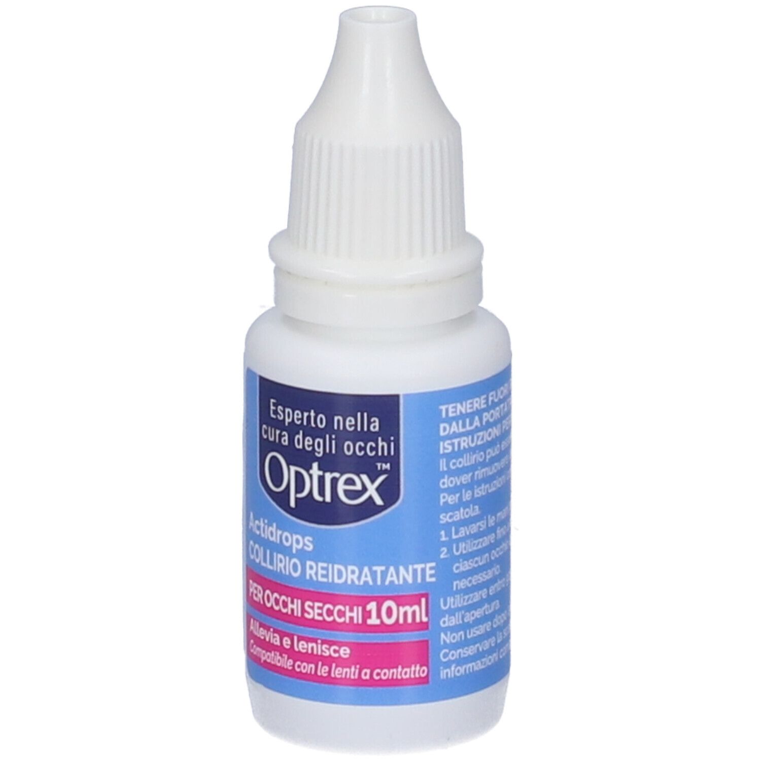 Augentropfen-Fläschchen. Weißes Fläschchen mit blau-rosa Etikett. Text: Optrex Actidrops Collirio Reidratante. Für trockene Augen. 10ml.