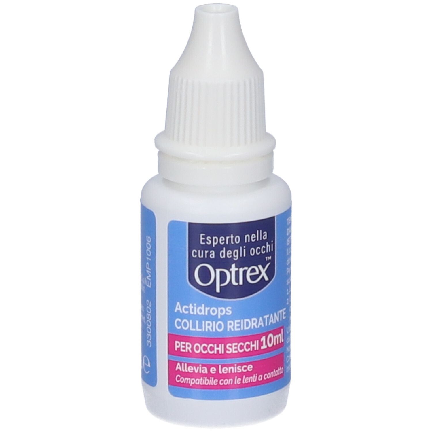 Weißes Fläschchen mit blau-rosa Etikett. Text: Optrex Actidrops Collirio Reidratante. Für trockene Augen. 10ml. Text in italienischer Sprache.