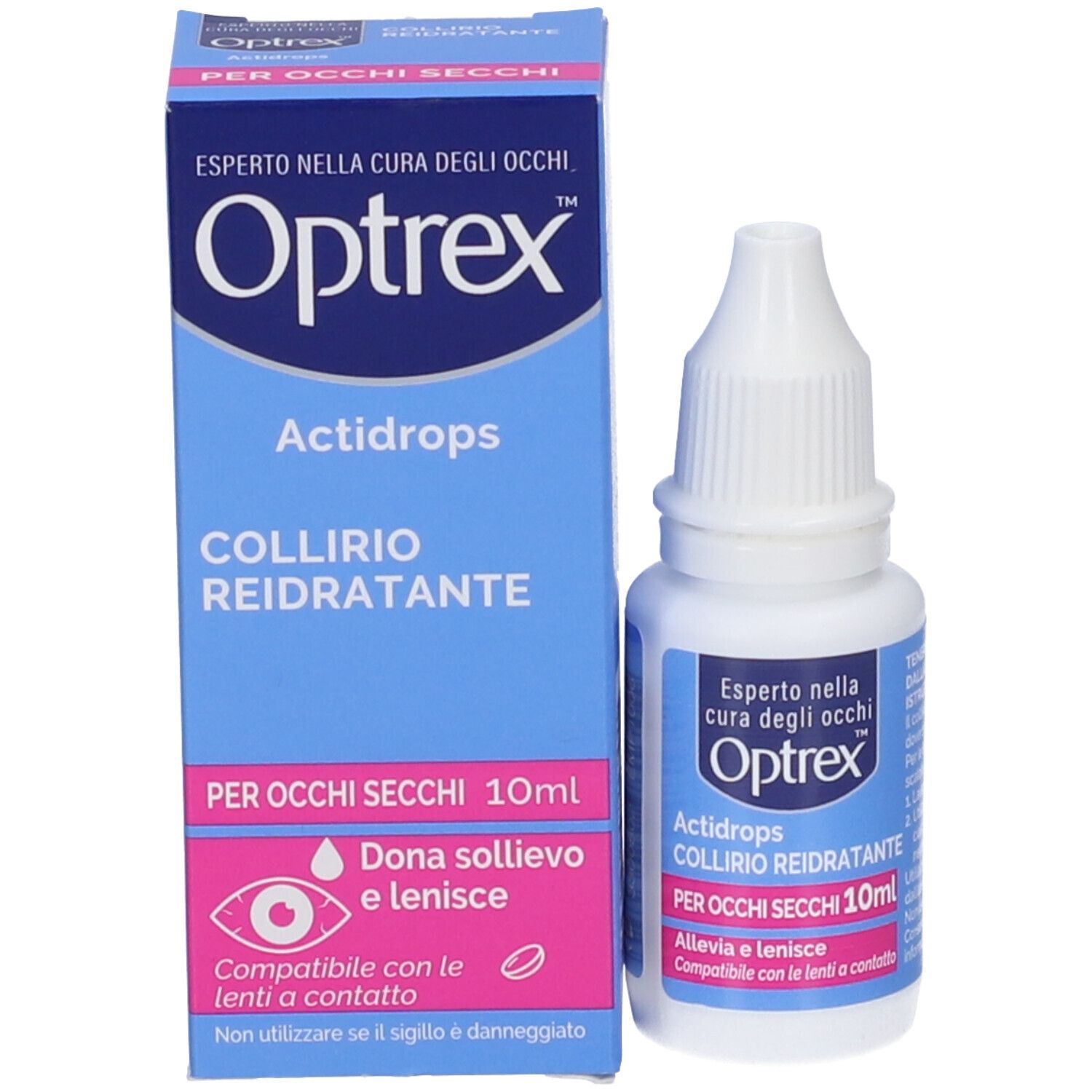 Produktverpackung und Fläschchen. Blaue Schachtel und weißes Fläschchen. Text: Optrex Actidrops Collirio Reidratante. Für trockene Augen.