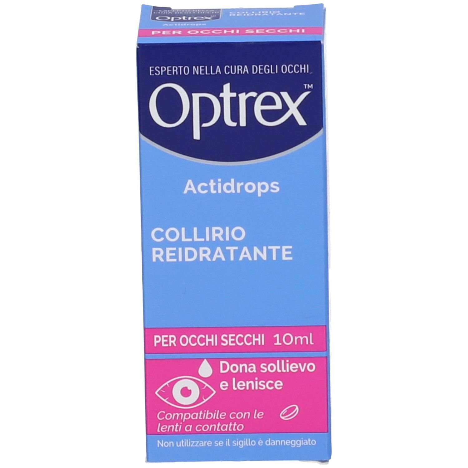 Blaue Produktverpackung. Text: Optrex Actidrops Collirio Reidratante. Für trockene Augen. 10ml. Mit Abbildung eines Auges.