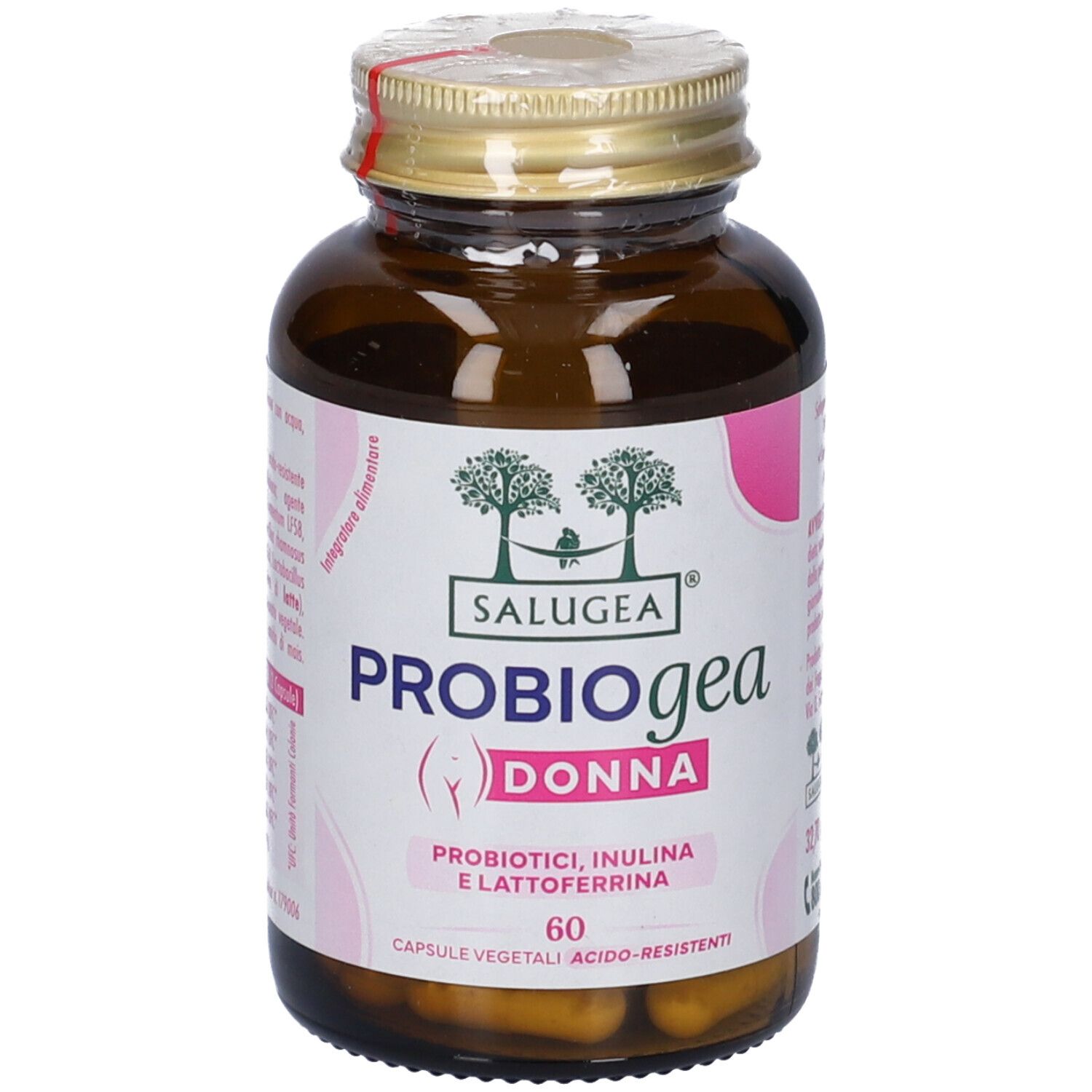Flacone di vetro marrone con capsule. Scritta: Salugea ProbioGea Donna. Contiene probiotici, inulina e lattoferrina. 60 capsule.