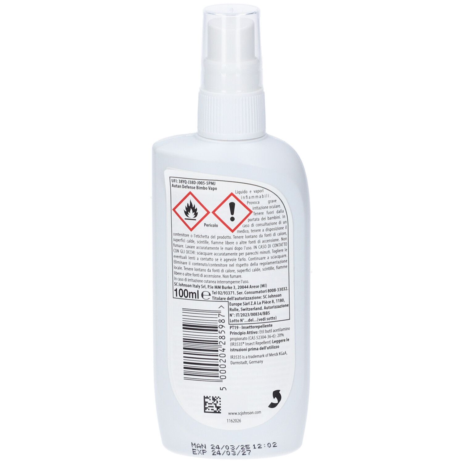 Rückseite der Autan Defense Bimbo Flasche. Enthält Warnhinweise und Barcode. 100ml. Produktions- und Verfallsdatum.