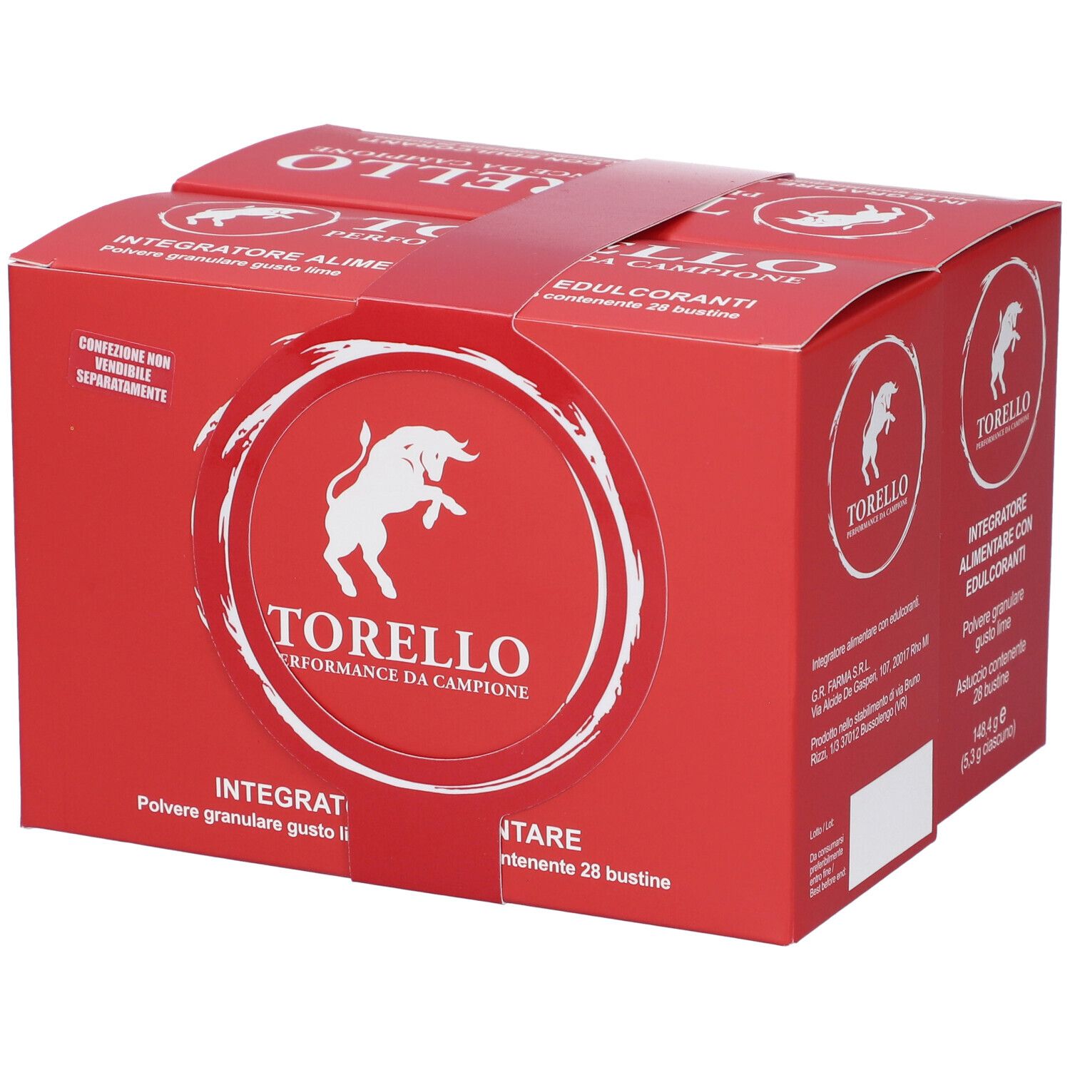 Confezione rossa con logo e testo bianchi. Contiene 28 bustine. Testo: Torello Performance da Campioni.