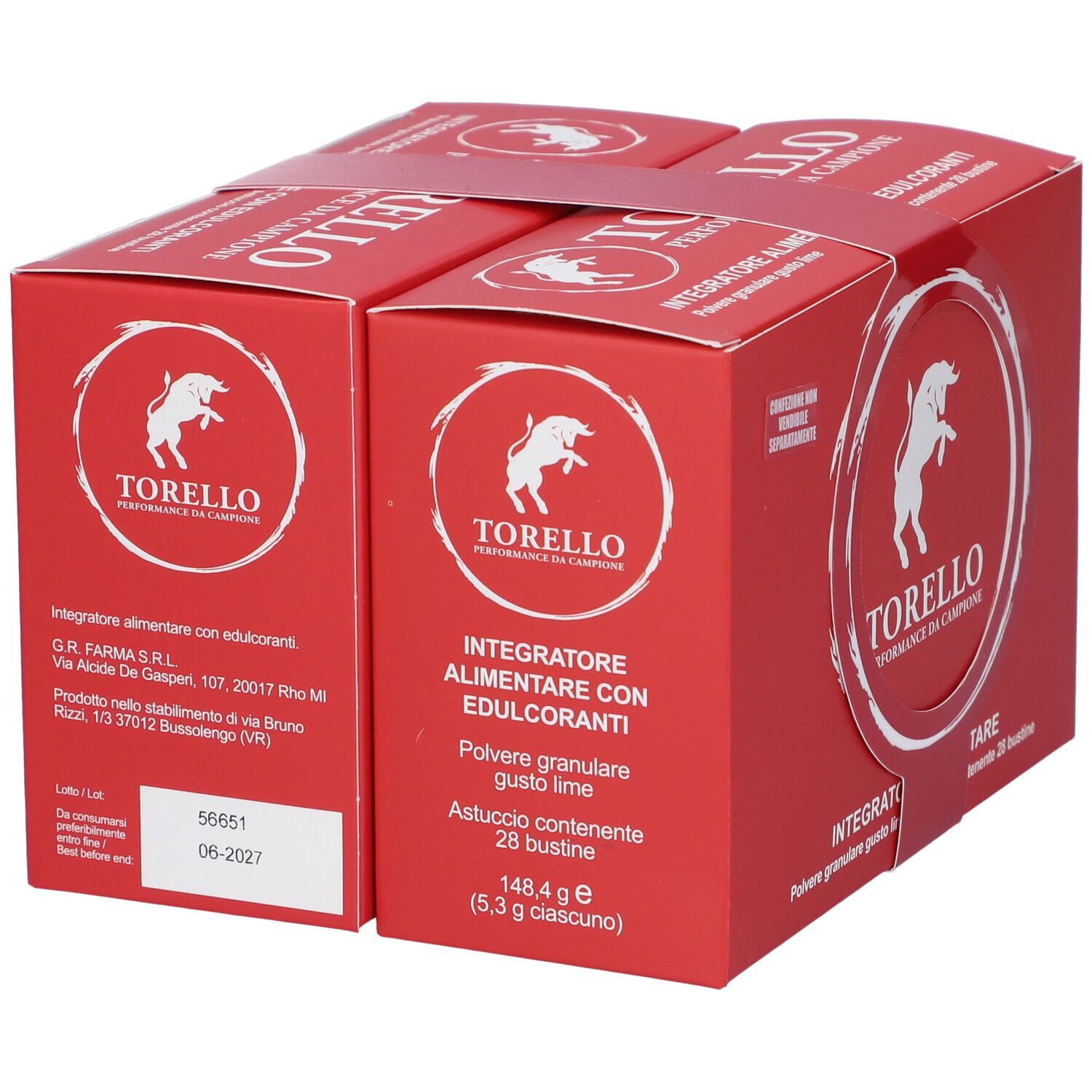 Confezione rossa con logo e testo bianchi. Contiene 28 bustine. Testo: Torello Performance da Campioni.