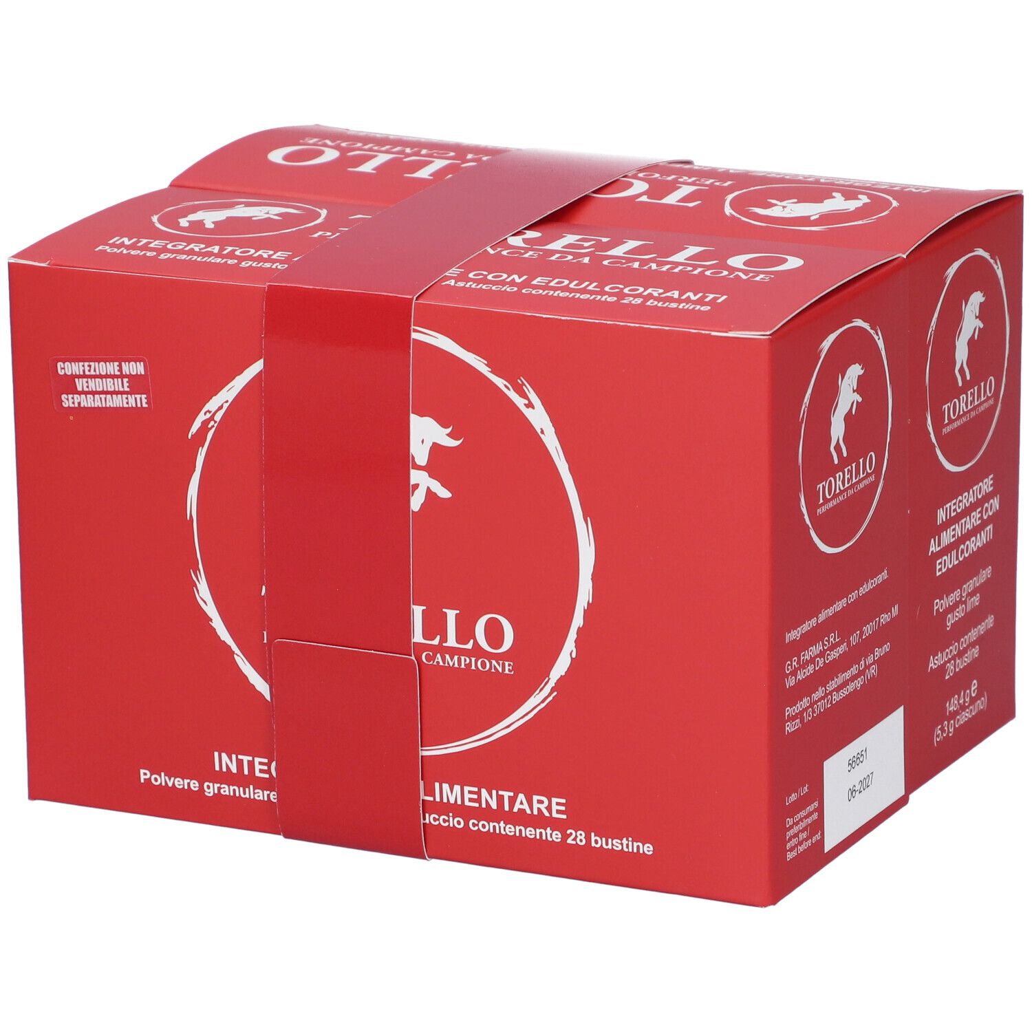 Confezione rossa con logo e testo bianchi. Contiene 28 bustine. Testo: Torello Performance da Campioni.