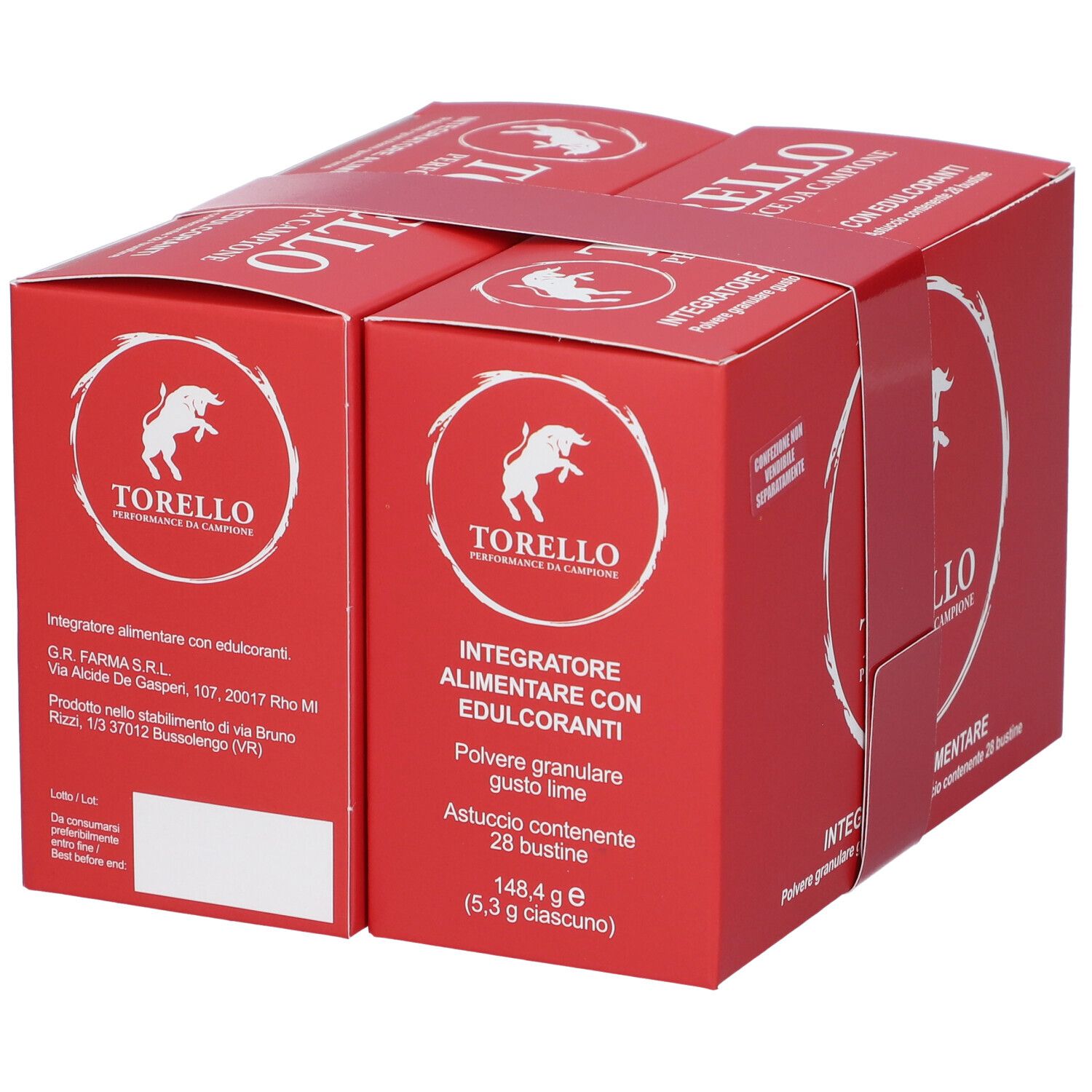 Confezione rossa con logo e testo bianchi. Contiene 28 bustine. Testo: Torello Performance da Campioni.