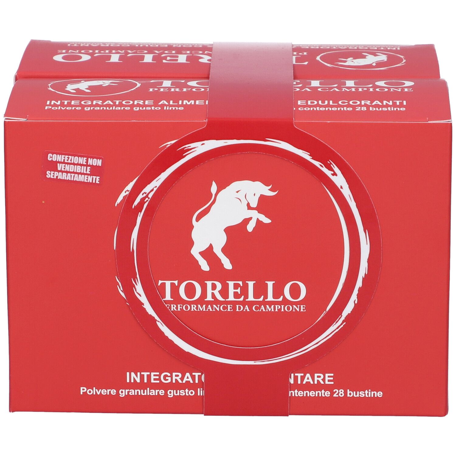Confezione rossa con logo e testo bianchi. Contiene 28 bustine. Testo: Torello Performance da Campioni.
