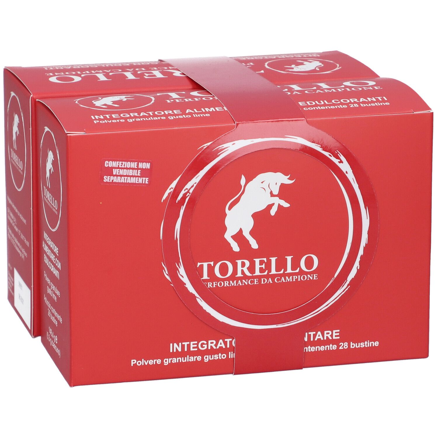 Confezione rossa con logo e testo bianchi. Contiene 28 bustine. Testo: Torello Performance da Campioni.