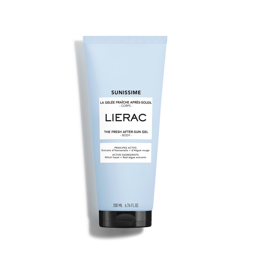 Tubo azzurro chiaro con tappo nero. Scritte: Sunissime, Lierac, The Fresh After Sun Gel Body. Testo in inglese e francese.