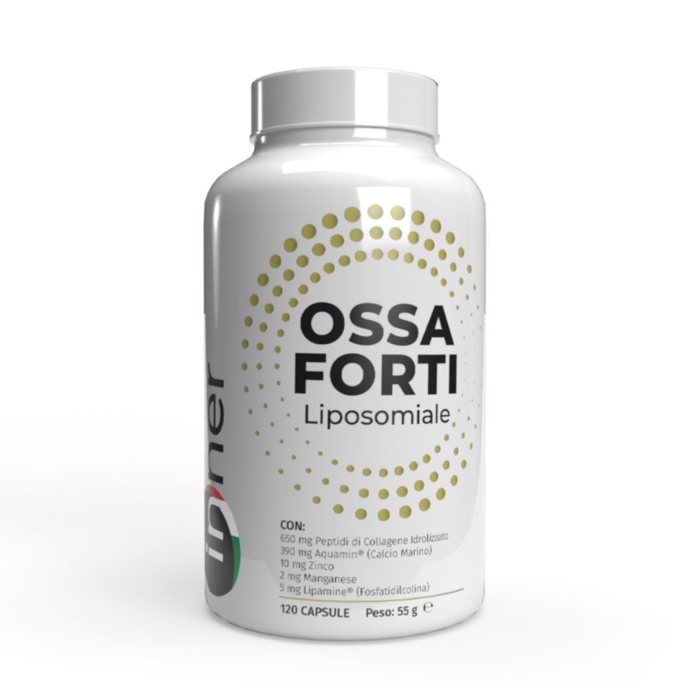 Flacone bianco con scritta 'Ossa Forti Liposomiale'. Contiene 120 capsule. Marchio 'Inner'.