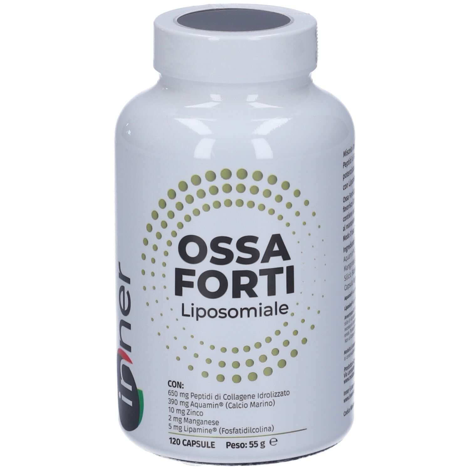 Flacone bianco con scritta 'Ossa Forti Liposomiale'. Contiene 120 capsule. Marchio 'Inner'.