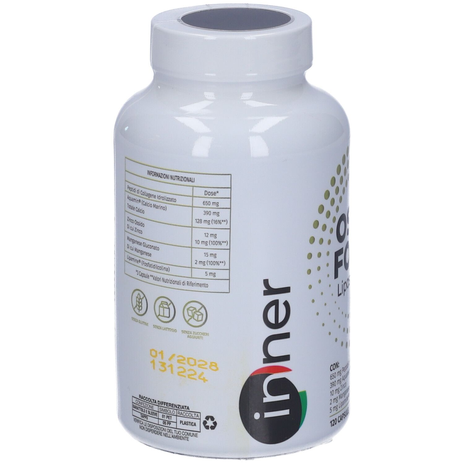 Flacone bianco 'Ossa Forti Liposomiale'. Contiene 120 capsule. Retro con informazioni nutrizionali e dettagli.